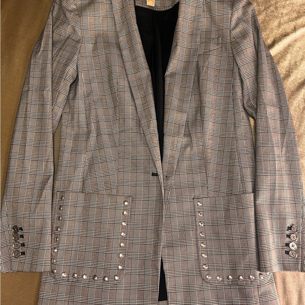 MICHAEL Michael Kors Gray Plaid Blazer with Stud Accents